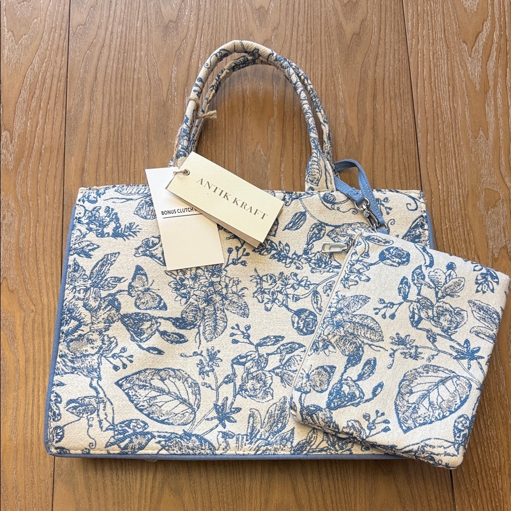 Antik Kraft Floral Tote and Pouch Set - Blue and Cream